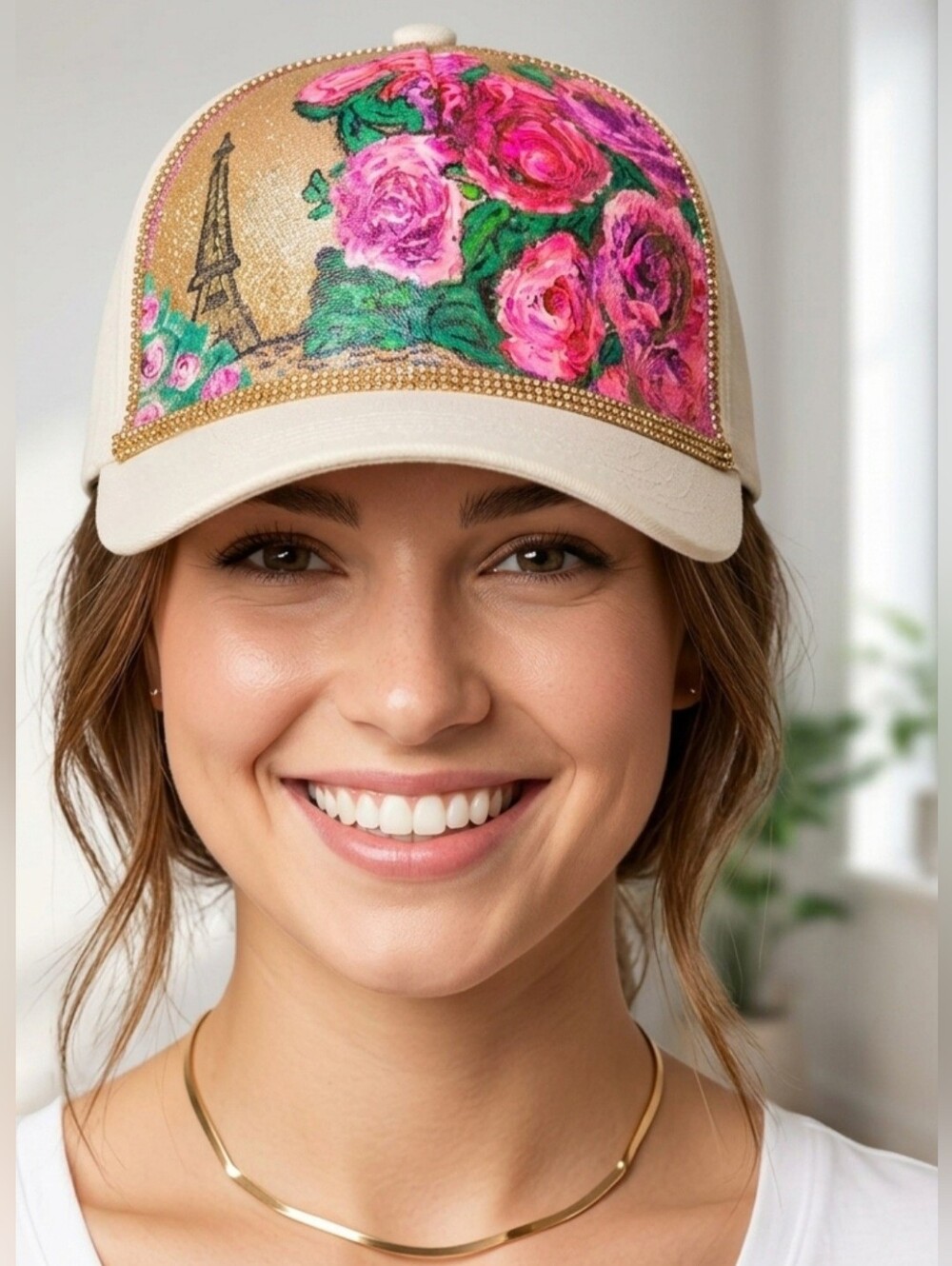 Handmade & Painted Floral Pink and Cream Trucker Hat with Bling Accent!